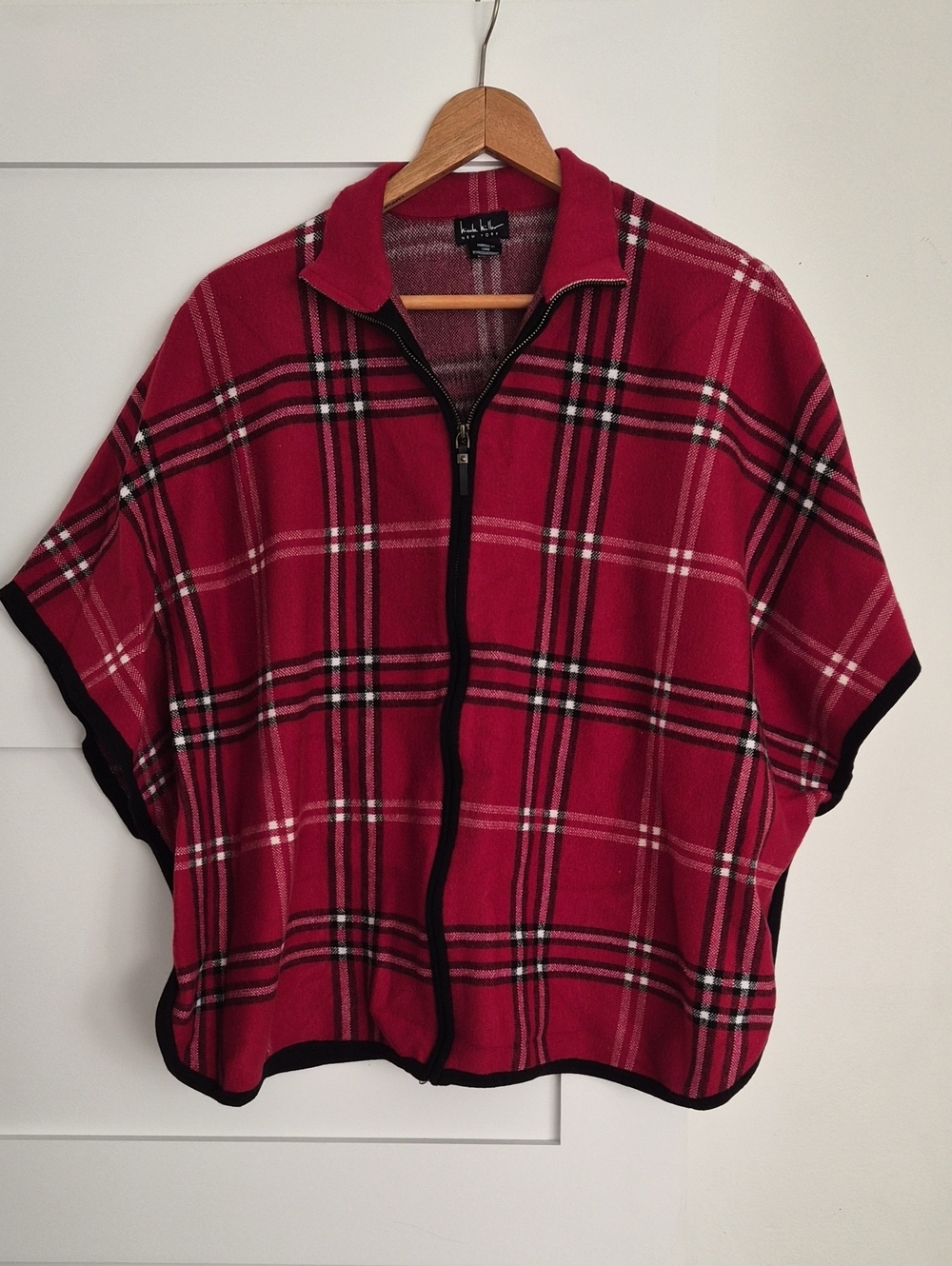 Nicole Miller Red Plaid Zip-Front Poncho with Black Trim